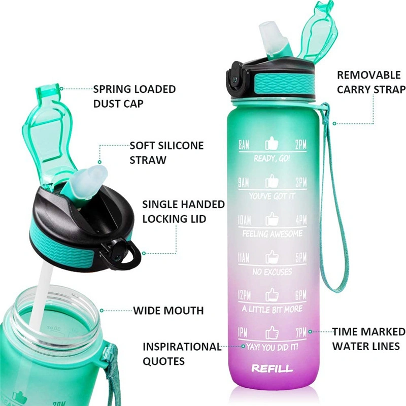 Customized 32oz Leakproof Tritan BPA Free Sports Motivational Water Bottle with Time Marker Straw