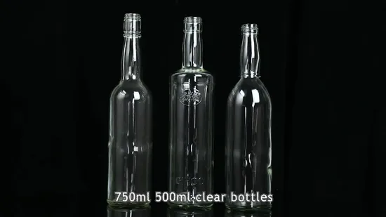 Cina Bottiglie di vetro Fabbrica all'ingrosso Design personalizzato 500ml 750ml Cancella vuota Gin Whiskey Liquore Brandy Vodka Bottiglia di vetro di vino