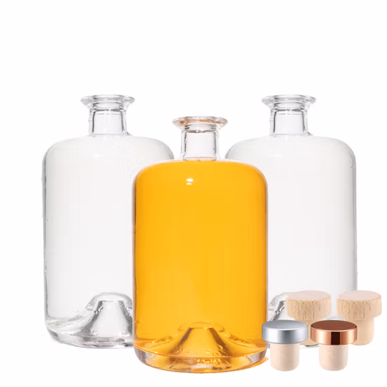 Commercio all'ingrosso 700ml 750ml 500ml trasparente rotondo vuoto rum whisky spirito gin vodka bottiglia di liquore in vetro con tappo in sughero